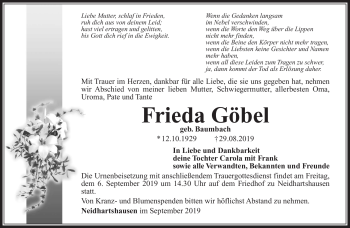 Traueranzeige von Frieda Göbel von Südthüringer Presse
