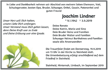 Traueranzeige von Joachim Lindern von Südthüringer Presse