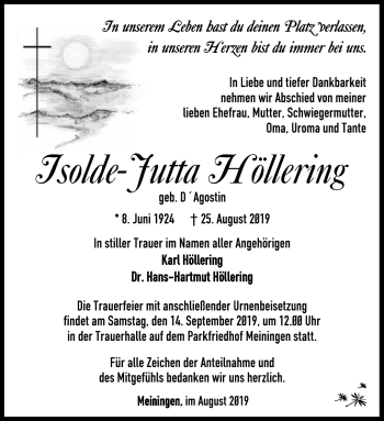 Traueranzeige von Isolde-Jutta Höllering von Südthüringer Presse