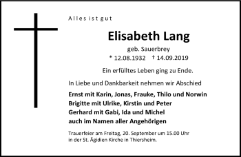 Traueranzeige von Elisabeth Lang von Frankenpost