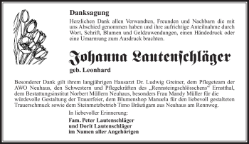 Traueranzeige von Johanna Lautenschläger von Südthüringer Presse