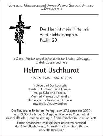 Traueranzeige von Helmut Uschkurat von Südthüringer Presse