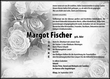Traueranzeige von Margot Fischer von Südthüringer Presse