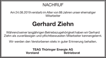 Traueranzeige von Gerhard Ziehn von Südthüringer Presse