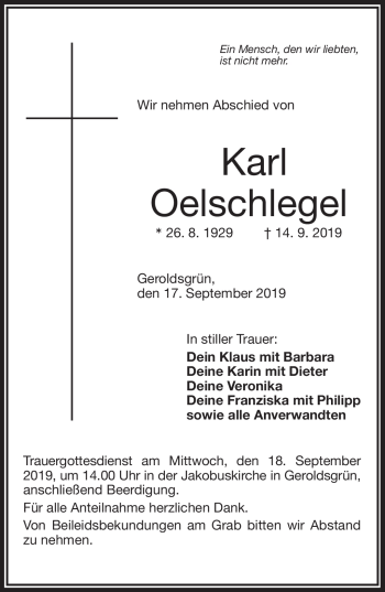 Traueranzeige von Karl Oelschlegel von Frankenpost