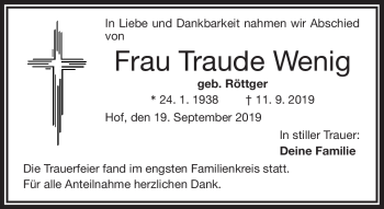 Traueranzeige von Traude Wenig von Frankenpost