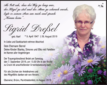 Traueranzeige von Sigrid Dreßel von Südthüringer Presse