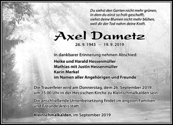 Traueranzeige von Axel Dametz von Südthüringer Presse