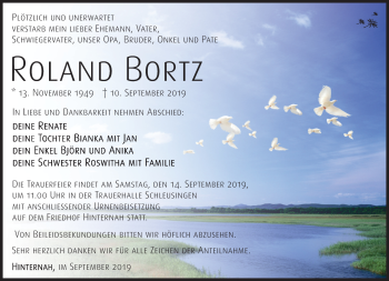 Traueranzeige von Roland Bortz von Südthüringer Presse