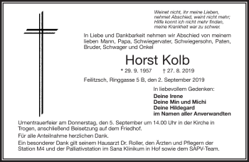 Traueranzeige von Horst Kolb von Frankenpost
