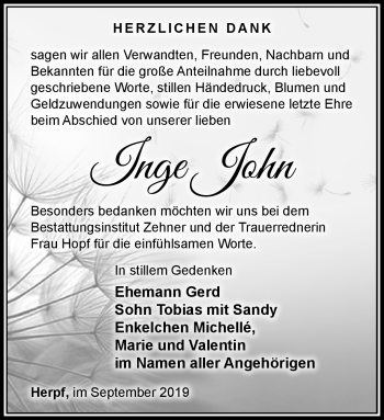 Traueranzeige von Inge John von Südthüringer Presse