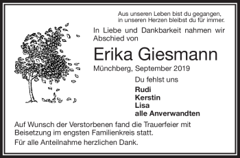 Traueranzeige von Erika Giesmann von Frankenpost