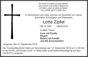 Traueranzeige von Lotte Zipfel von Neue Presse Coburg