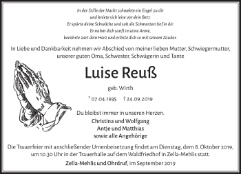 Traueranzeige von Luise Reiß von Südthüringer Presse
