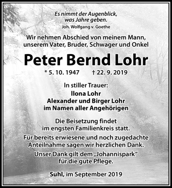 Traueranzeige von Peter Lohr von Südthüringer Presse