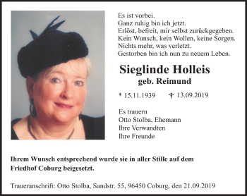 Traueranzeige von Sieglinde Holleis von Neue Presse Coburg