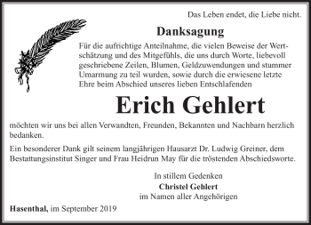 Traueranzeige von Erich Gehlert von Südthüringer Presse