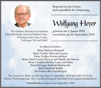 Traueranzeige von Wolfgang Heyer von Südthüringer Presse