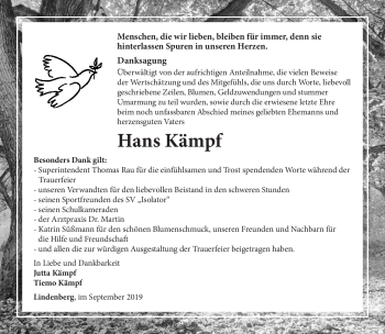 Traueranzeige von Hans Kämpf von Südthüringer Presse