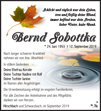 Traueranzeige von Bernd-Detlef Sobottka von Südthüringer Presse