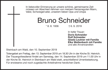 Traueranzeige von Bruno Schneider von Neue Presse Coburg