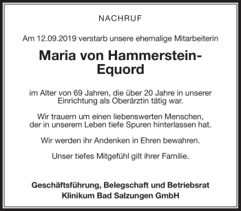 Traueranzeige von Maria von Hammerstein-Equord von Südthüringer Presse