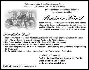 Traueranzeige von Rainer Först von Südthüringer Presse