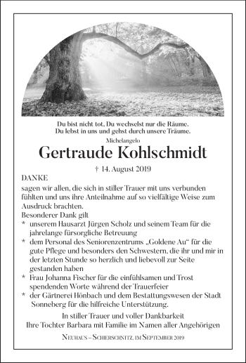 Traueranzeige von Gertraude Kohlschmidt von Südthüringer Presse