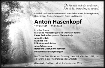 Traueranzeige von Anton Hasenkopf von Südthüringer Presse