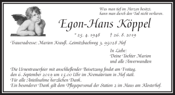 Traueranzeige von Egon-Hans Köppel von Frankenpost