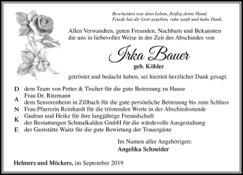 Traueranzeige von Irka Bauer von Südthüringer Presse