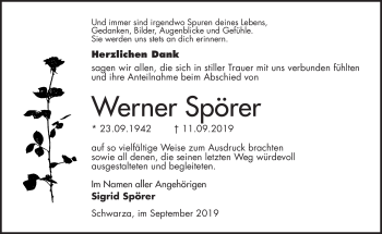 Traueranzeige von Werner Spörer von Südthüringer Presse