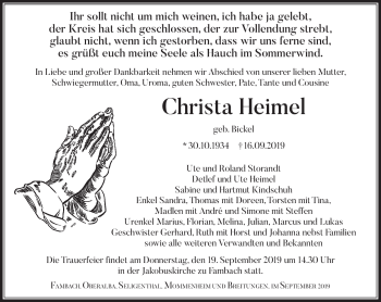 Traueranzeige von Christa Heimel von Südthüringer Presse