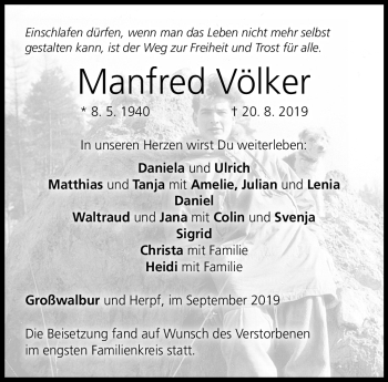 Traueranzeige von Manfred Völker von Südthüringer Presse