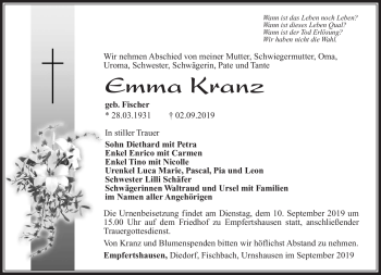 Traueranzeige von Emma Kranz von Südthüringer Presse