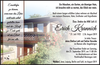 Traueranzeige von Erich Krannich von Südthüringer Presse
