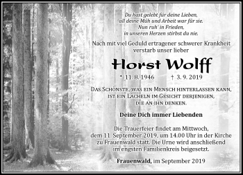 Traueranzeige von Horst Wolff von Südthüringer Presse