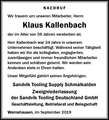 Traueranzeige von Klaus Kallenbach von Südthüringer Presse