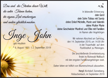 Traueranzeige von Inge John von Südthüringer Presse