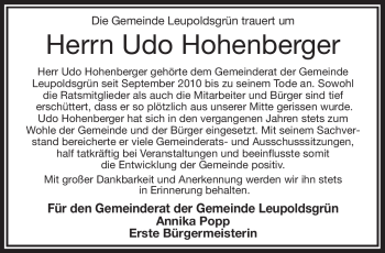 Traueranzeige von Udo Hohenberger von Frankenpost