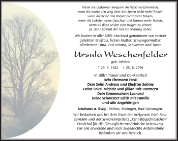 Traueranzeige von Ursula Weschenfelder von Südthüringer Presse