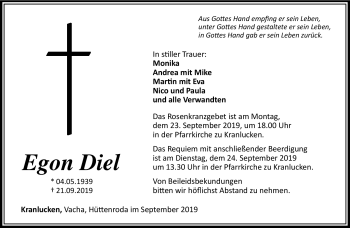 Traueranzeige von Egon Diel von Südthüringer Presse