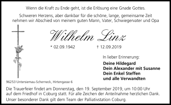 Traueranzeige von Wilhelm Linz von Neue Presse Coburg