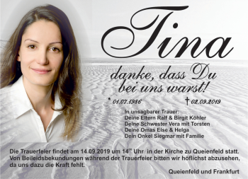 Traueranzeige von Tina Köhler von Südthüringer Presse