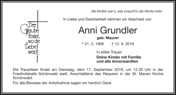 Traueranzeige von Anni Grundler von Frankenpost