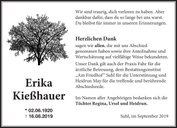 Traueranzeige von Erika Kießhauer von Südthüringer Presse