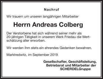 Traueranzeige von Andreas Colberg von Frankenpost