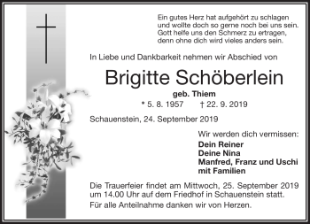 Traueranzeige von Brigitte Schöberlein von Frankenpost