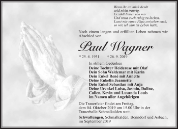 Traueranzeige von Paul Wagner von Südthüringer Presse