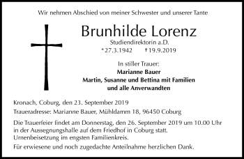 Traueranzeige von Brunhilde Lorenz von Neue Presse Coburg